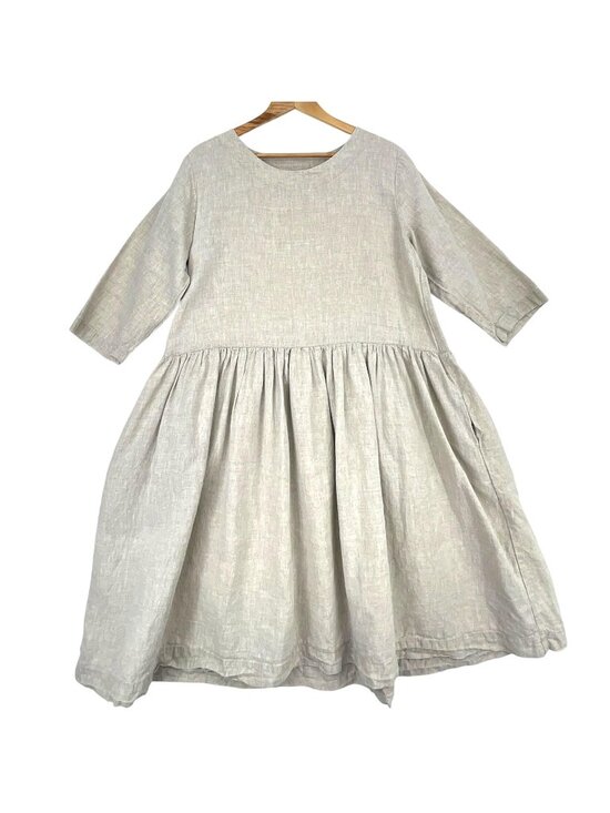 Len Ok Dresses & Skirts - Len Ok Linen Dress Womens XL Beige 3/4 Sleeve Trapeze Swing Midi Pockets